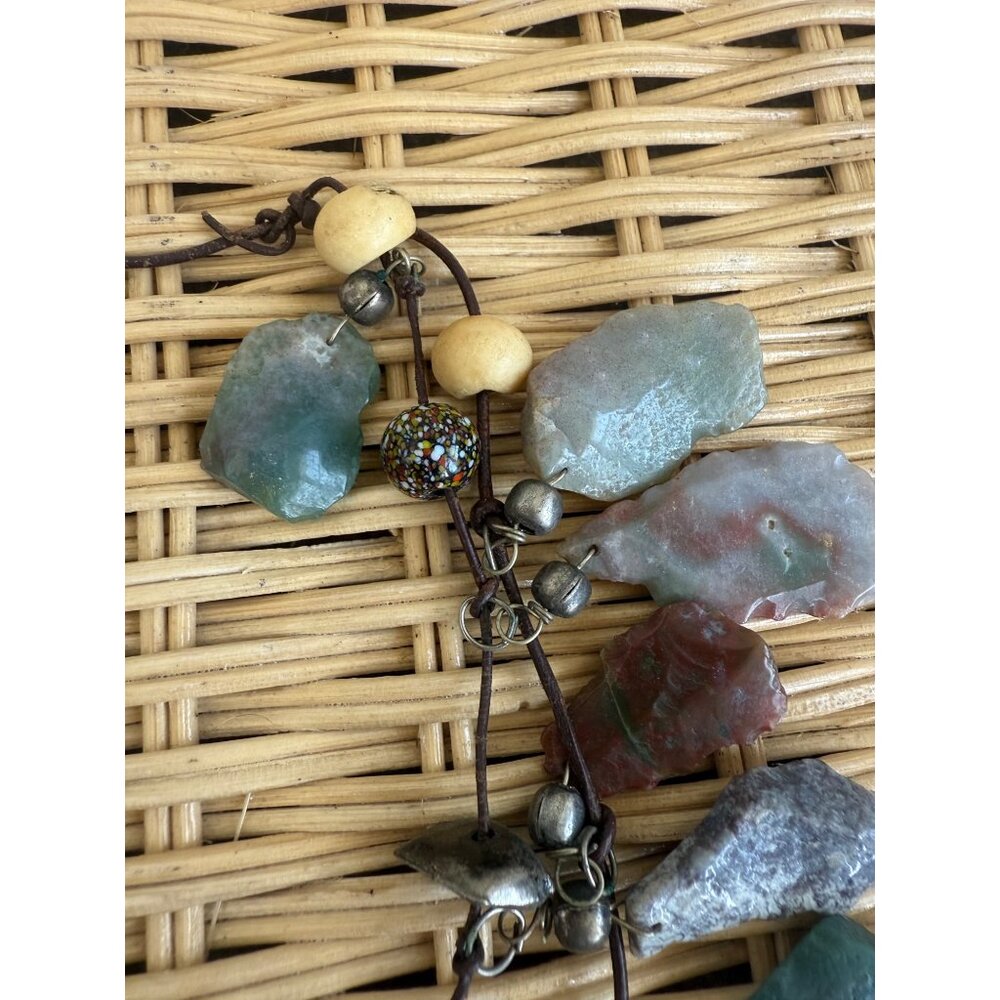 Vintage 80s Double Strand Necklace Carved Agate Trade Beads Boho - Picture 3 of 16